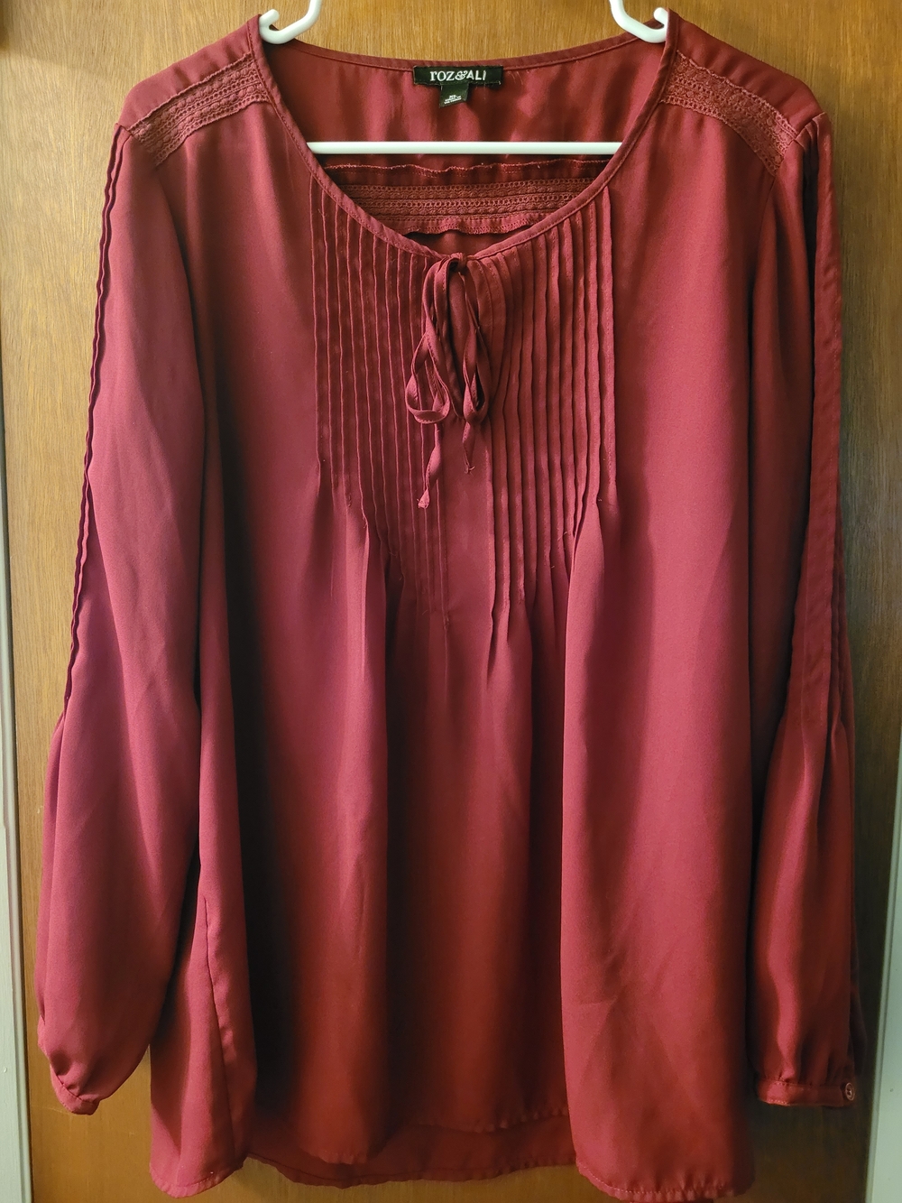 Roz & Ali Wine Pleated Tie-Neck Blouse